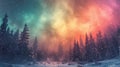 Magnetic fields intersecting rainbow auroras above gentle snowfall in a frozen forest ai generated