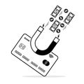 The magnetic icon on a credit card attracts you money on a white background. Credit card debt concept. Outline style. Vector stock Royalty Free Stock Photo