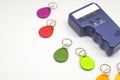 Magnetic key programmer. Duplicator for intercom keys. Electronic equipment for small businesses. Selective focus, copy