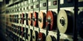 Magnetic Memories Rows of Tape Drives Whir in a Vintage Computer Room. Concept Vintage Technology, Magnetic Tapes, Computer Room, Royalty Free Stock Photo