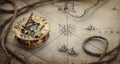 Magnetic old compass  and rope on vintage world map. Travel, geography, navigation, tourism and exploration concept wide Royalty Free Stock Photo