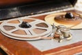 Magnetic tape with the music playing on the vintage reel tape recorder Royalty Free Stock Photo