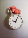 Magnets clock on a grey fridge Royalty Free Stock Photo