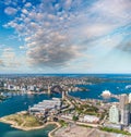 Magnificence of Sydney Harbour at sunaet, aerial view from helicopter Royalty Free Stock Photo