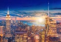 A magnificent aerial panoramic view of Manhattan with sunset