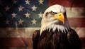 Magnificent american bald eagle spreading its wings on a vintage and worn out american flag