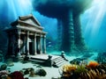 Magnificent ancient city of Atlantis. Fantasy underwater temple. Aquatic stone ruins, AI Generated Royalty Free Stock Photo