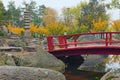 Magnificent autumn landscape view of a red wooden bridge at the Japanese Garden inside the Kyoto Park in Kyiv Royalty Free Stock Photo