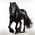 A magnificent black stallion galloping proudly, its long mane and sorrel liver flowing gracefully in the wind.