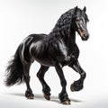 A magnificent black stallion galloping proudly, its long mane and sorrel liver flowing gracefully in the wind.