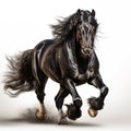 A magnificent black stallion galloping proudly, its long mane and sorrel liver flowing gracefully in the wind