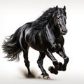 A magnificent black stallion galloping proudly, its long mane and sorrel liver flowing gracefully in the wind. White isolated