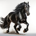 A magnificent black stallion galloping proudly, its long mane and sorrel liver flowing gracefully in the wind. White isolated
