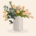 A magnificent bouquet in a vase and decorative branches in a vase vector illustration. Beautiful composition of tulips