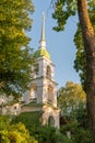 Pskov, Russia, September 6, 2023. View of the bell tower of the Church of Anastasia from the park.