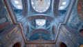 The magnificent ceiling and dome of the orthodox cathedral. Action. Bottom view of the church interior, concept of