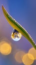 Magnificent close up shot of a single dewdrop hanging from a blade of grass in nature Royalty Free Stock Photo