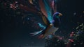 Magnificent colorful bird emerges from the depths of the dark shadow, its bright blue wings bright light in the dark shadow