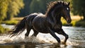 magnificent dark horse runs energy in nature equine water stallion active splash