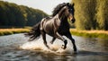 magnificent dark horse runs river in nature