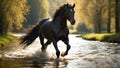 magnificent dark horse runs the river in nature