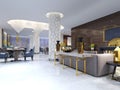 The magnificent design console with a white table-top and gold legs. Gold decor, vases. Luang area with a sofa, armchair and