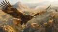 A magnificent eagle gracefully glides through the sky above a picturesque mountain side town, casting a shadow over the Royalty Free Stock Photo