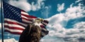 Magnificent eagle perched next to the American flag - Generative AI
