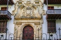 Impressive entrance portal of a historic building in Old Town Cartagena, Colombia
