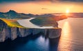 Magnificent evening view from flying drone of Sorvagsvatn lake, Vagar, Faroe Islands, Denmark,