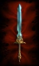 Magnificent fantasy barbarian sword lying on a piece of cloth