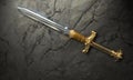 Magnificent fantasy barbarian sword lying on stone floor