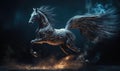 A magnificent fiery horse gallops boldly on black backdrop. Creating using generative AI tools