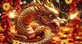 Golden Dragon with Firecrackers, Chinese New Year, Luck Prosperity Royalty Free Stock Photo