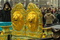 Magnificent gondola during the carnival in venice. exhibited on the markus square. golden lions on the backs of the seats