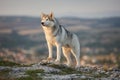 The magnificent gray Siberian husky stands on a rock in the Crimean mountains against the backdrop of the forest and mountains. A Royalty Free Stock Photo
