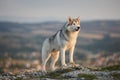 The magnificent gray Siberian husky stands on a rock in the Crimean mountains against the backdrop of the forest and mountains. A Royalty Free Stock Photo