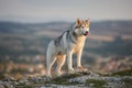 The magnificent gray Siberian husky stands on a rock in the Crimean mountains against the backdrop of the forest and mountains. A Royalty Free Stock Photo