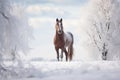 A magnificent horse standing in a snowy forest, creating a winter background Royalty Free Stock Photo