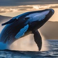 A magnificent humpback whale breaching the surface of the deep blue ocean, captured in a portrait2 Royalty Free Stock Photo