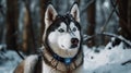 A husky with blue eyes sitting in the snow created with Generative AI