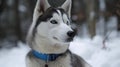 A husky with blue eyes sitting in the snow created with Generative AI