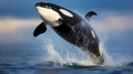 A magnificent killer whale jumping in drops of spray over the blue sea surface. AI Generative Royalty Free Stock Photo