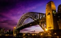 Gorgeous sunset on mighty steel Sydney Harbor bridge crossing the ocean