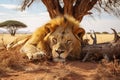 A magnificent lion peacefully lounges on top of a parched grassy landscape., A sleeping lion pride under the shade of an acacia