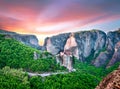 magnificent magical landscape in the famous valley of the Meteora rocks in Greece at sunset. Great amazing world. Attractions