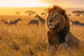 Magnificent male lion sits among grass with zebras in the background at sunrise