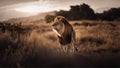 Magnificent male lion striding across a sun-drenched savannah, AI-generated.