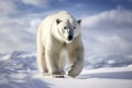 Magnificent Male Polar Bear waking toward the camera with snow background