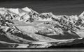 Bright snow and a dramatic glacier flows down to the water in monochrome image